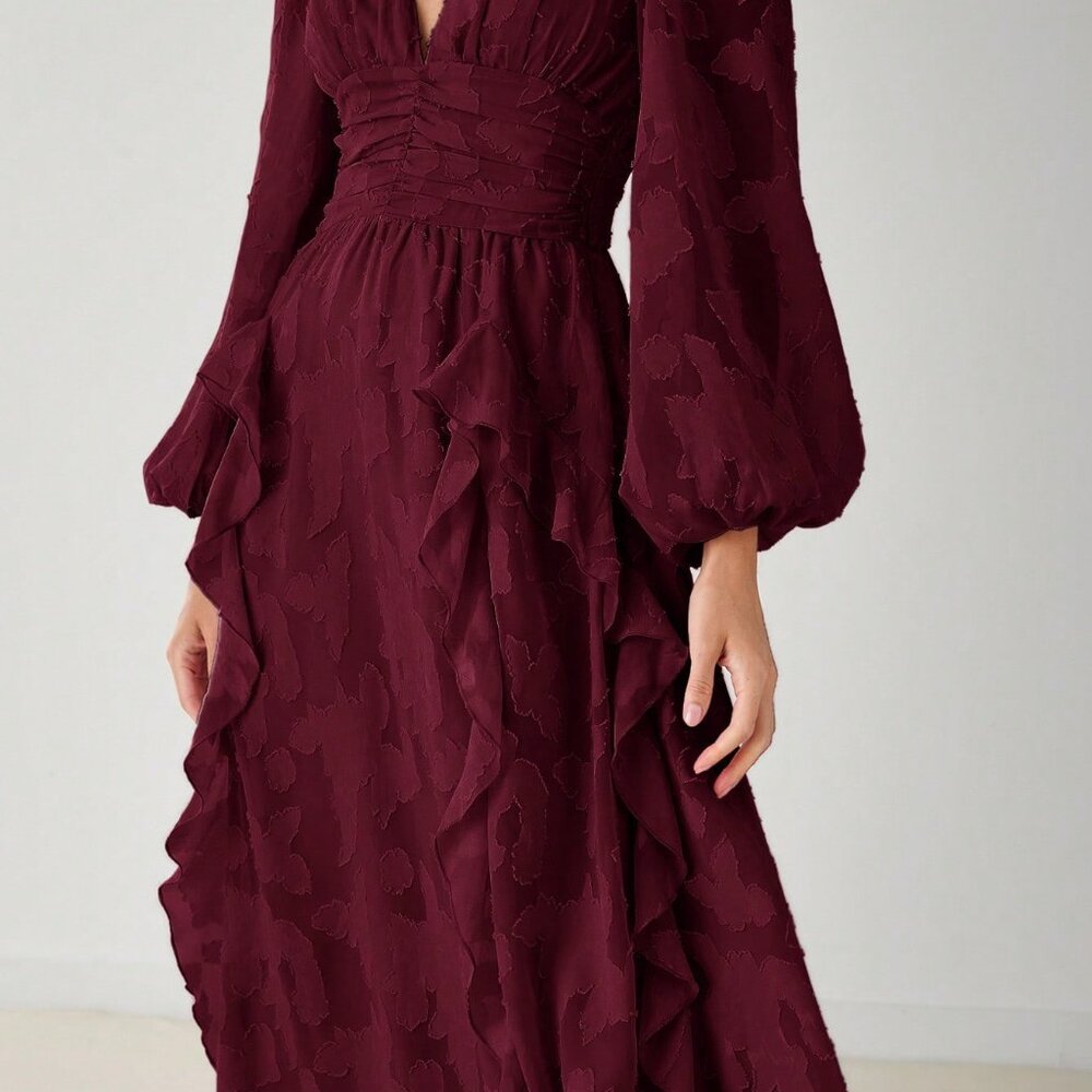 Burgundy Elegant Women's V-Neck Lantern Sleeve Flounce Hem Maxi Dress - Picture 8 of 8